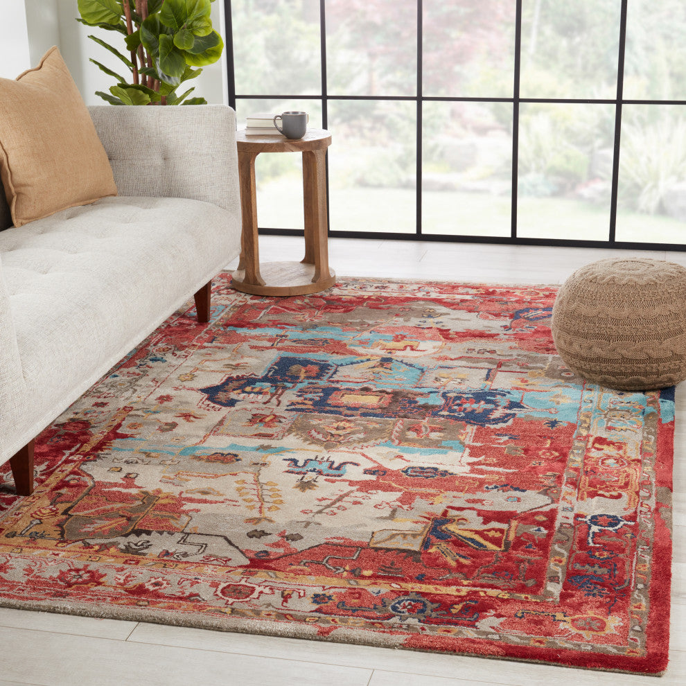 Lilith Handmade Medallion Red/ Aqua Area Rug 10'X14'