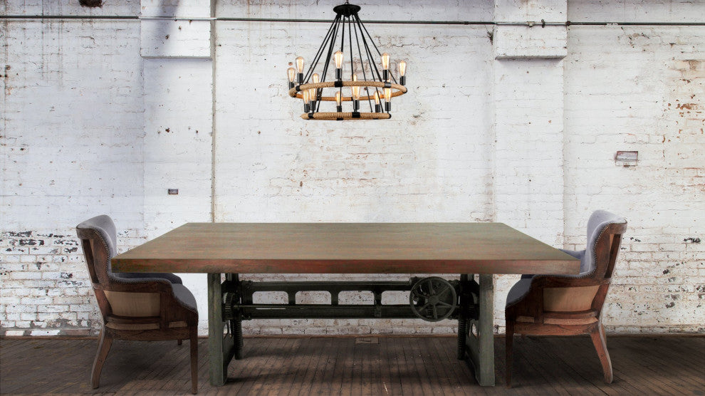 Industrial Dining Table - Cast Iron Base - Adjustable Height Crank - Walnut