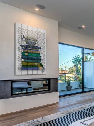 "Teacup and Books" Painting Print on White Wood, 12"x18"