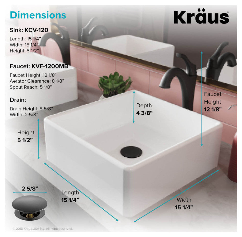 Elavo Square Ceramic Vessel Sink, Bathroom Arlo Faucet, Drain, Matte Black