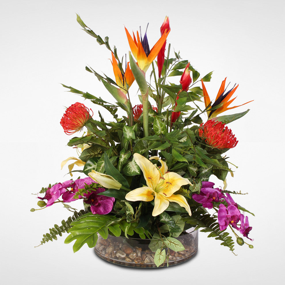 Exotic Tropical Silk Floral With Pebbles in Glass Bowl