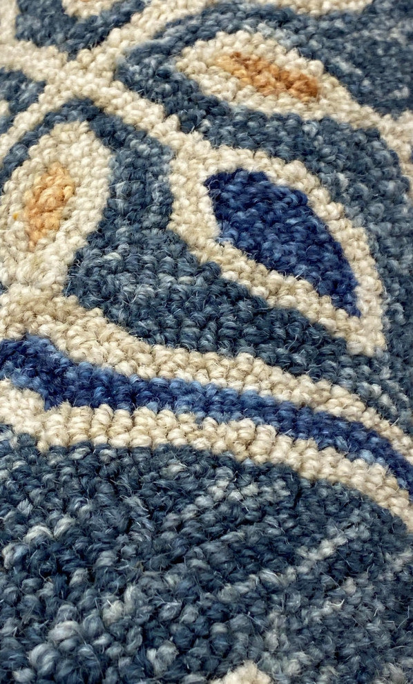5" Round Blue Bordered Floral Motifs Area Rug