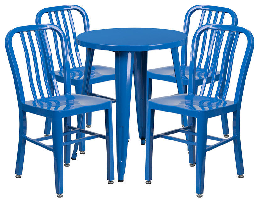 24'' Round Blue Metal Indoor-Outdoor Table Set With 4 Vertical Slat Back Chairs