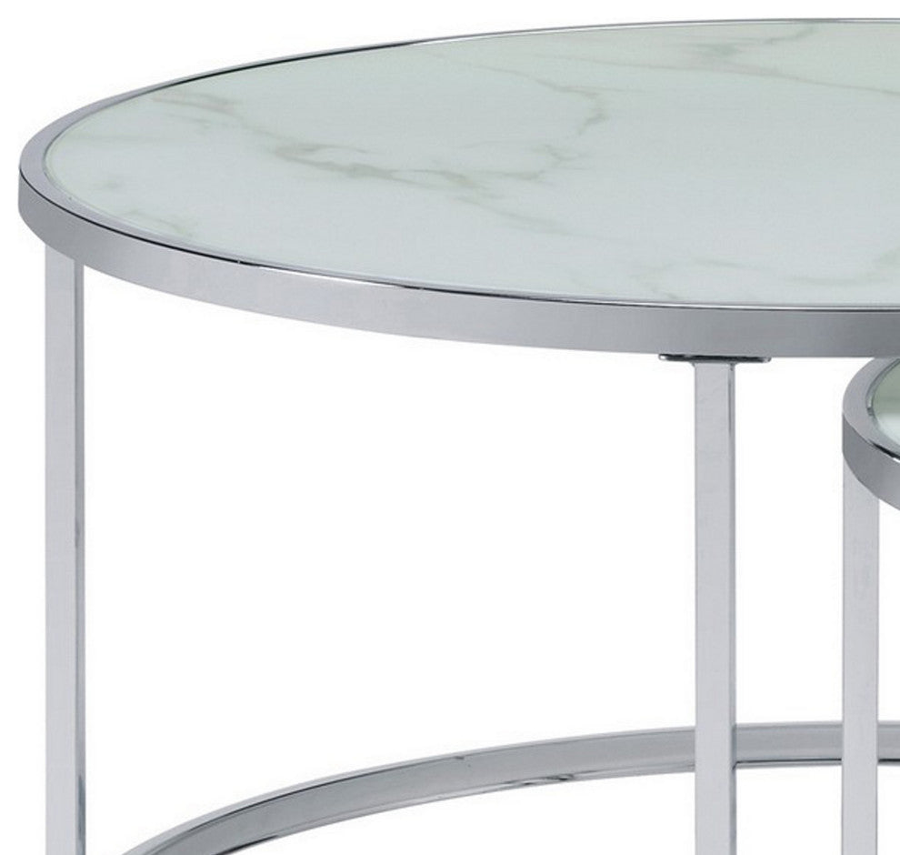 Benzara Marbled Glass Nesting Accent Tables, Round Top, Metal, 2-Piece Set