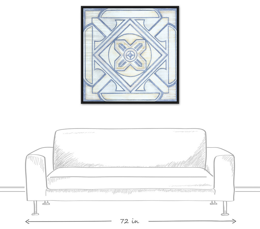 Blue and White Watercolor Tile 36x36 Black Floating Framed Canvas
