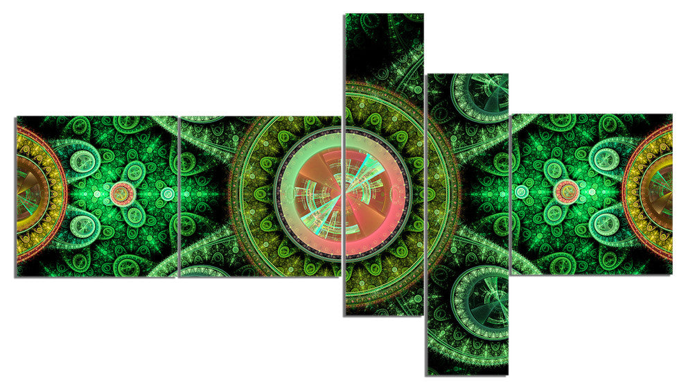 Green Psychedelic Relaxing Art, Abstract Canvas Art Print, 60"x32", 5 panels