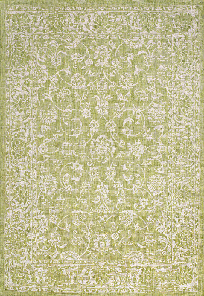 Tela Boho Textured Weave Floral Indoor/Outdoor Rug, Green/Cream, 4 X 6