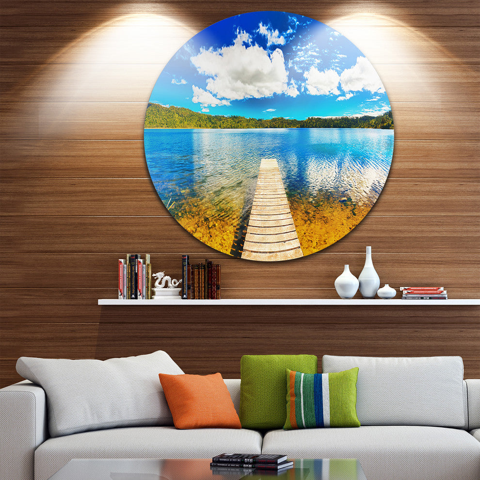 Lake With Pier Panorama, Photography Round Metal Wall Art, 36"