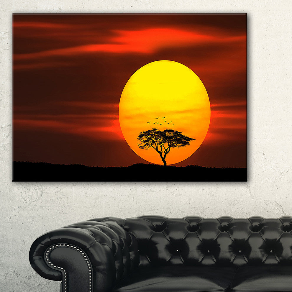 "Lonely Tree With Birds At Sunset" Extra Large Wall Art Landscape, 40"x20"