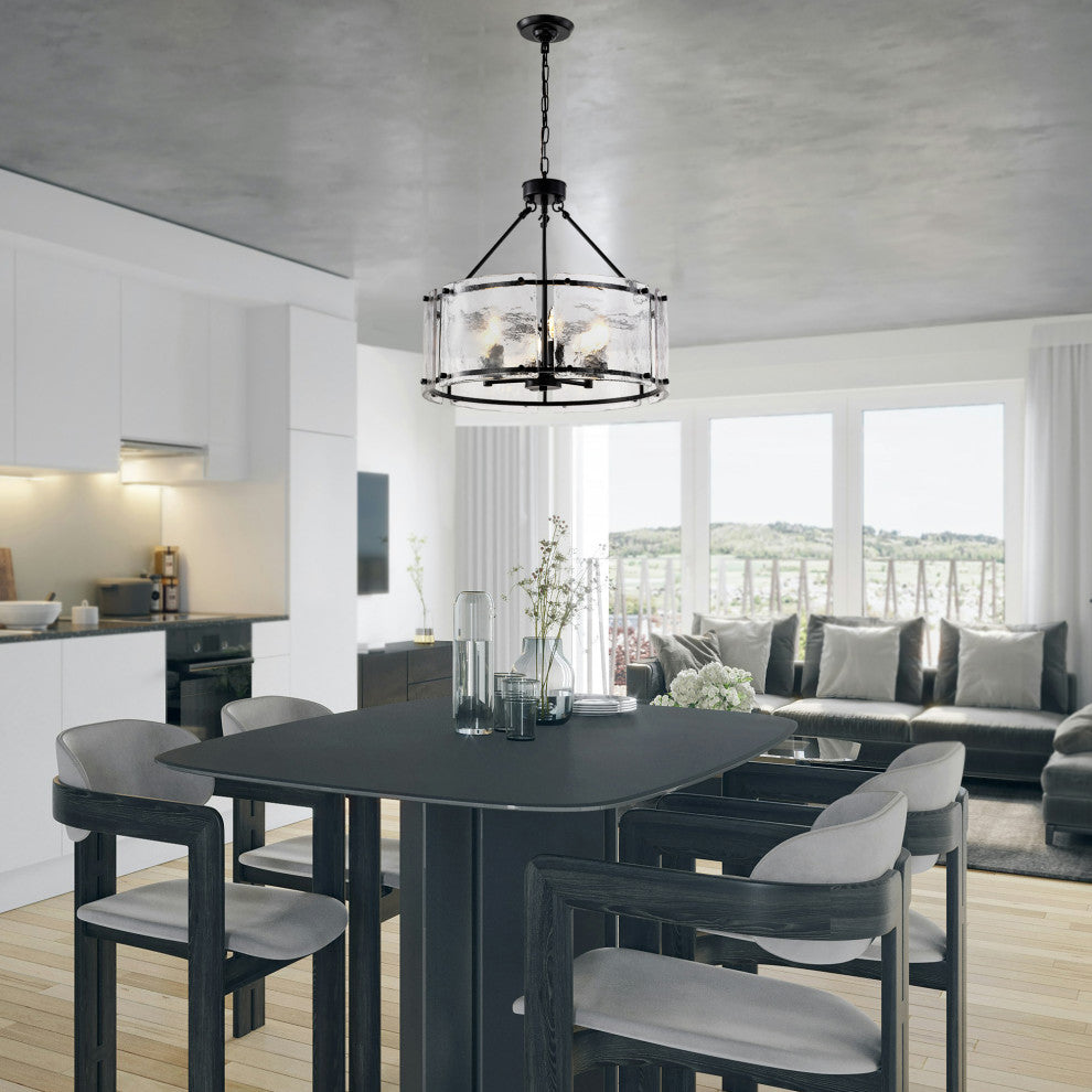 6-Light Matte Black Drum Pendant Design Chandelier With Rippled Glass