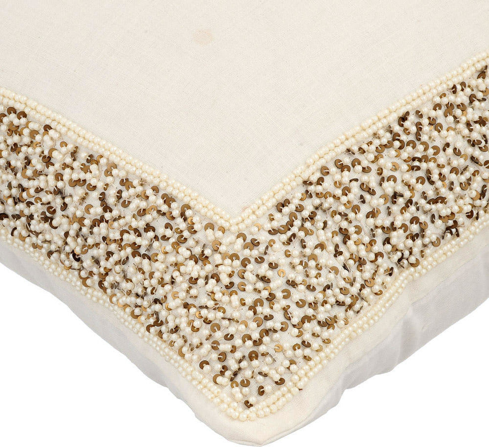 Pearl Throw On Bed Ivory & White 20"x20" Cotton Linen Sequins, Pearl Glitter