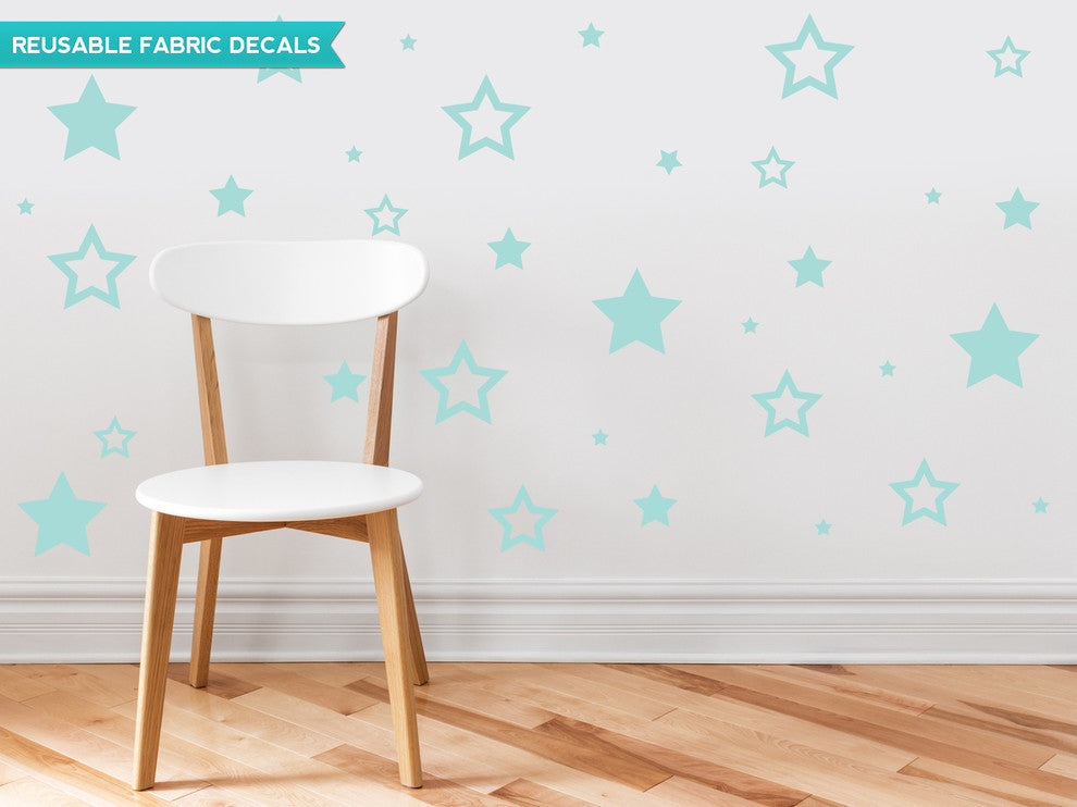 Stars Fabric Wall Decals, Set of 52 Stars in Various Sizes, Aqua