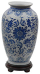 14" Floral Blue and White Porcelain Tung Chi Vase
