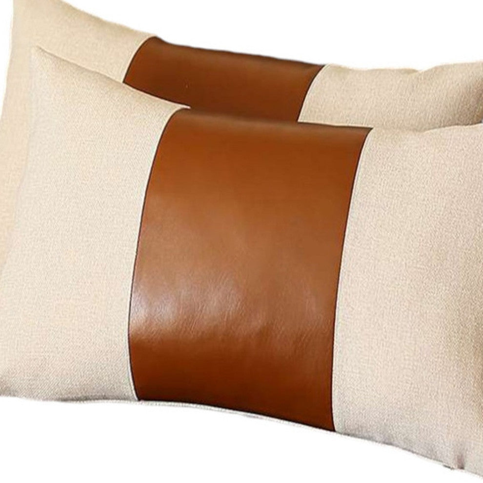 Set of 2 Brown Faux Leather Lumbar Pillow Covers