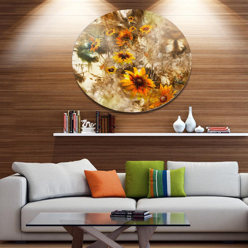 Yellow Flowers With Brown Background, Floral Disc Metal Wall Art, 38"