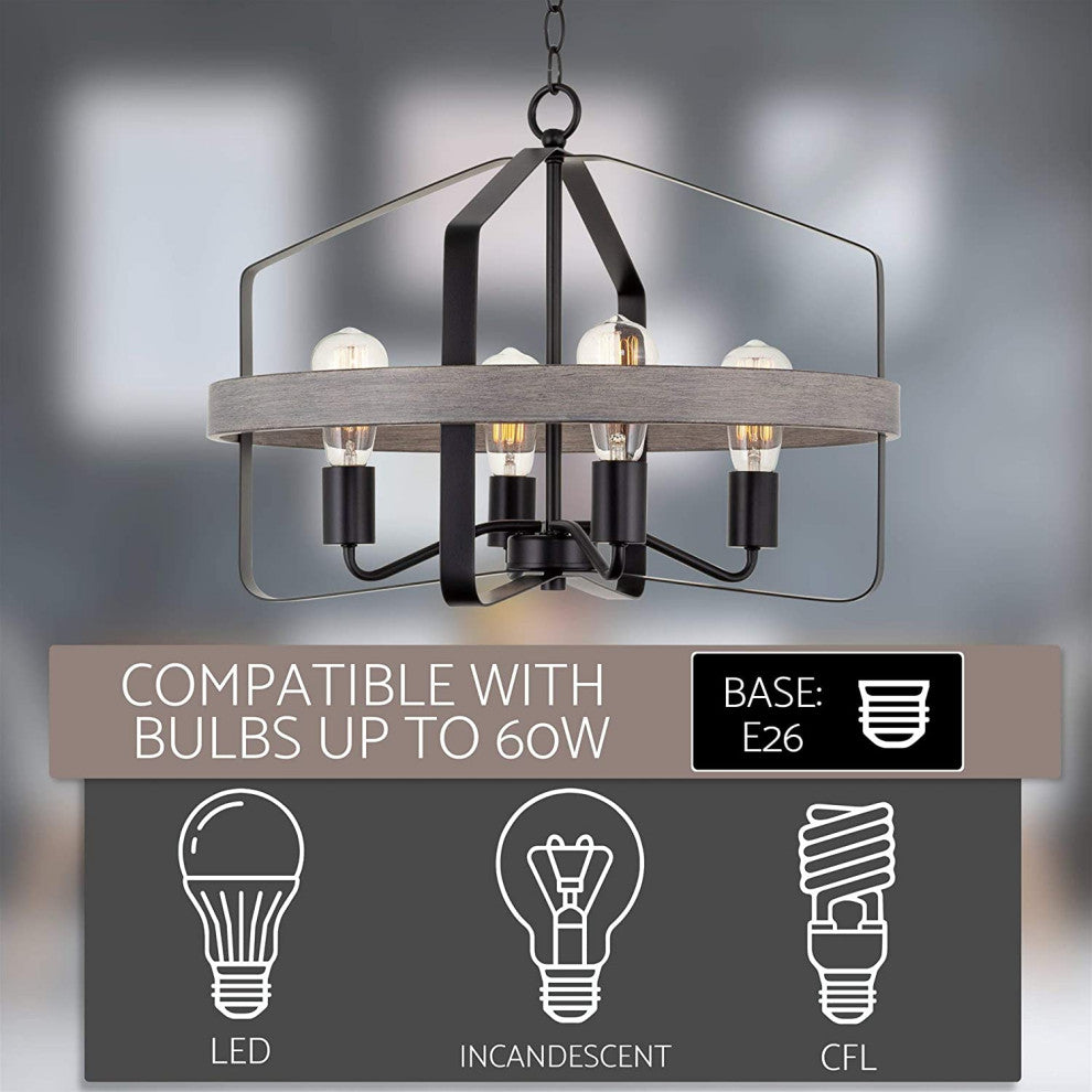 4 Light Farmhouse Chandelier Industrial Black Pendant Light With Wood Style