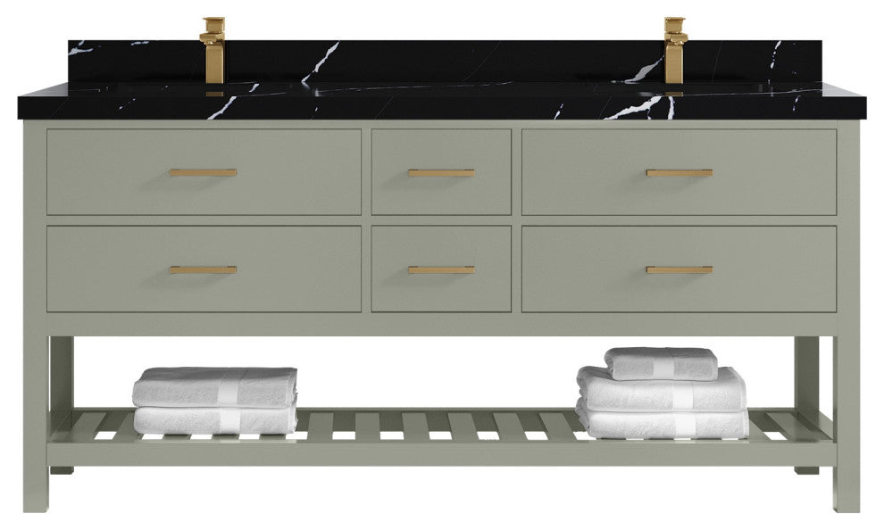 Parker 72" Double Sink Bath Vanity, Evergreen 2" Calacatta Black