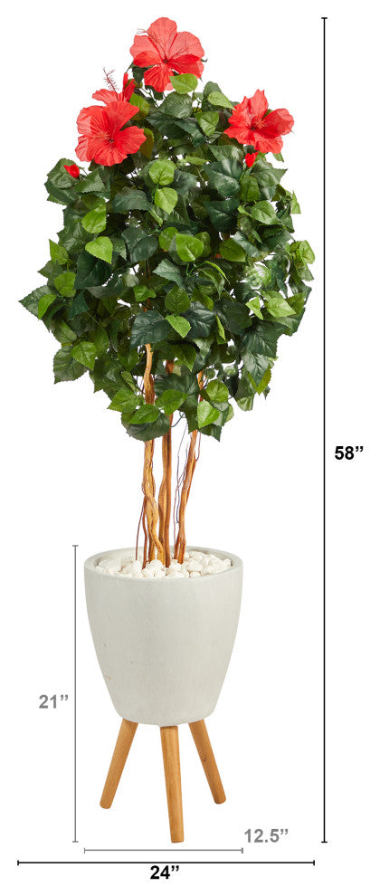 58" Hibiscus Artificial Tree, White Planter With Stand