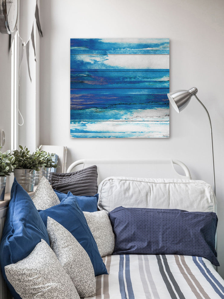 "Blue Painted Ocean" Painting Print on White Wood, 24"x24"