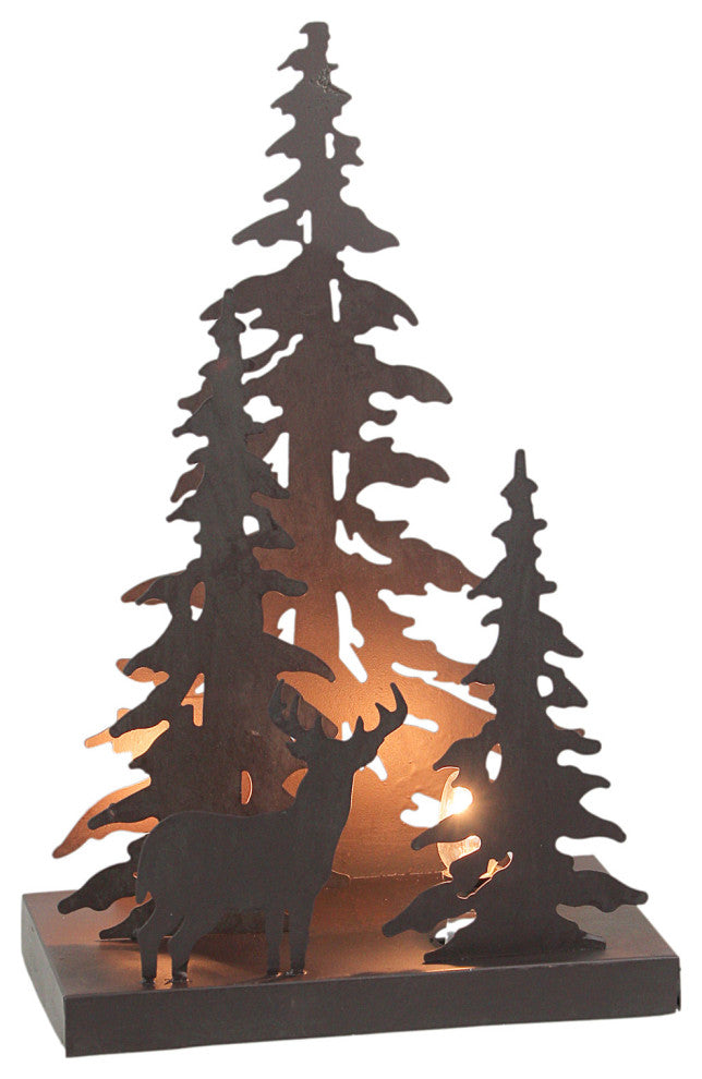 Rustic Brown Finished Metal Solo Buck Deer in Forest Silhouette Ambient Light