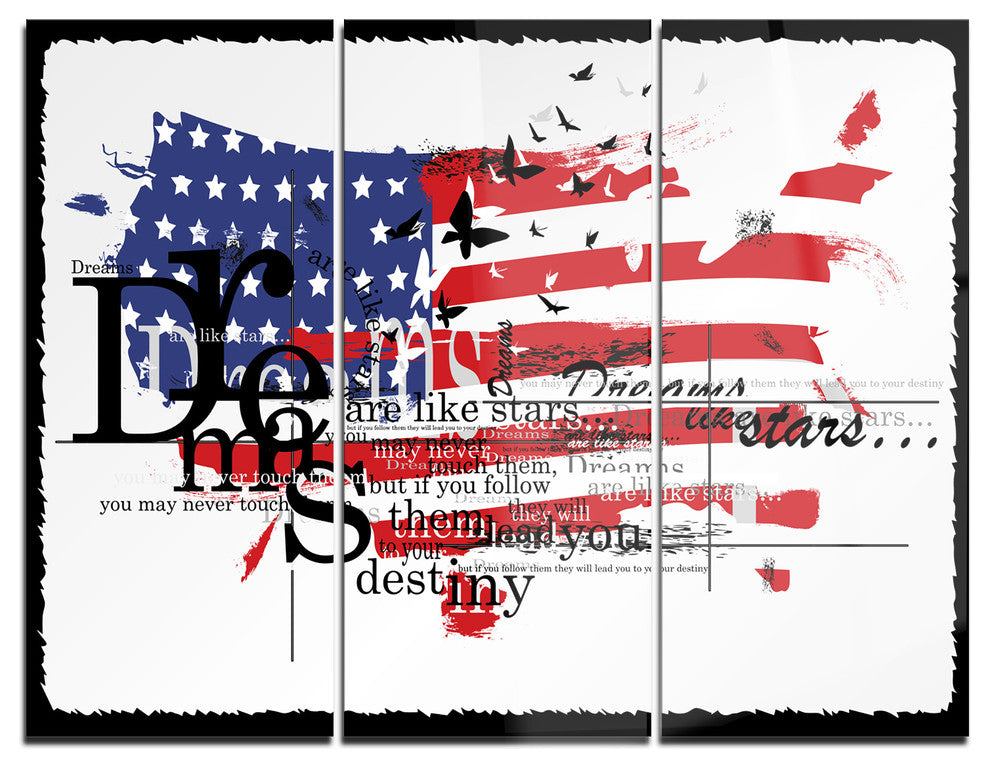 "Vintage Fashion USA Flag" Map Metal Wall Art, 3 Panels, 36"x28"