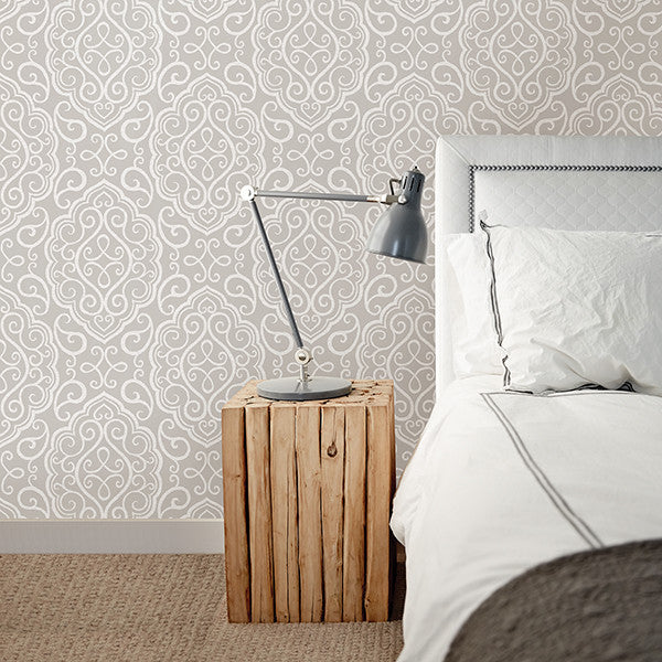 Modern Large-Scale Damask Monochromatic Wallpaper, Taupe & Gray, Bolt