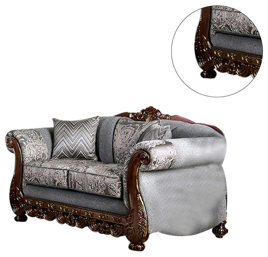 Chenille Love Seat with Wood Trim Design, Gray