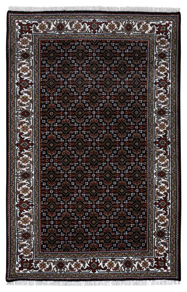 Black Hand Knotted Wool and Silk Herati 175 KPSI Oriental Rug, 3'0"x5'1"