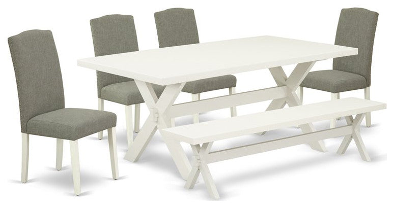 6-Piece Set, Dark Shitake Chairs, Bench and Top Table, Linen White