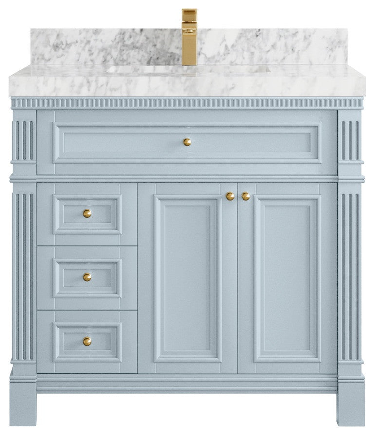 Paris 36" Center Sink Bathroom Vanity, Blue Heather 2" Carrara Marble