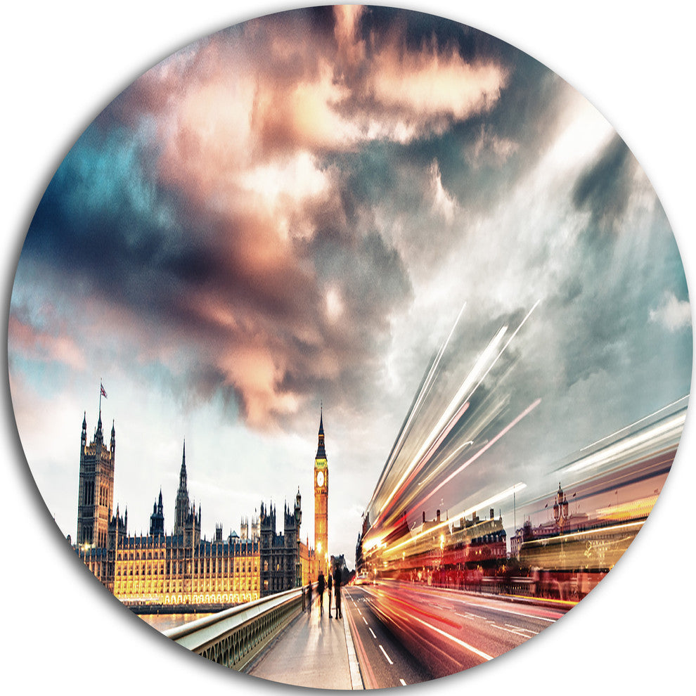Night Scene Of London City, Cityscape Photo Round Metal Wall Art, 11"