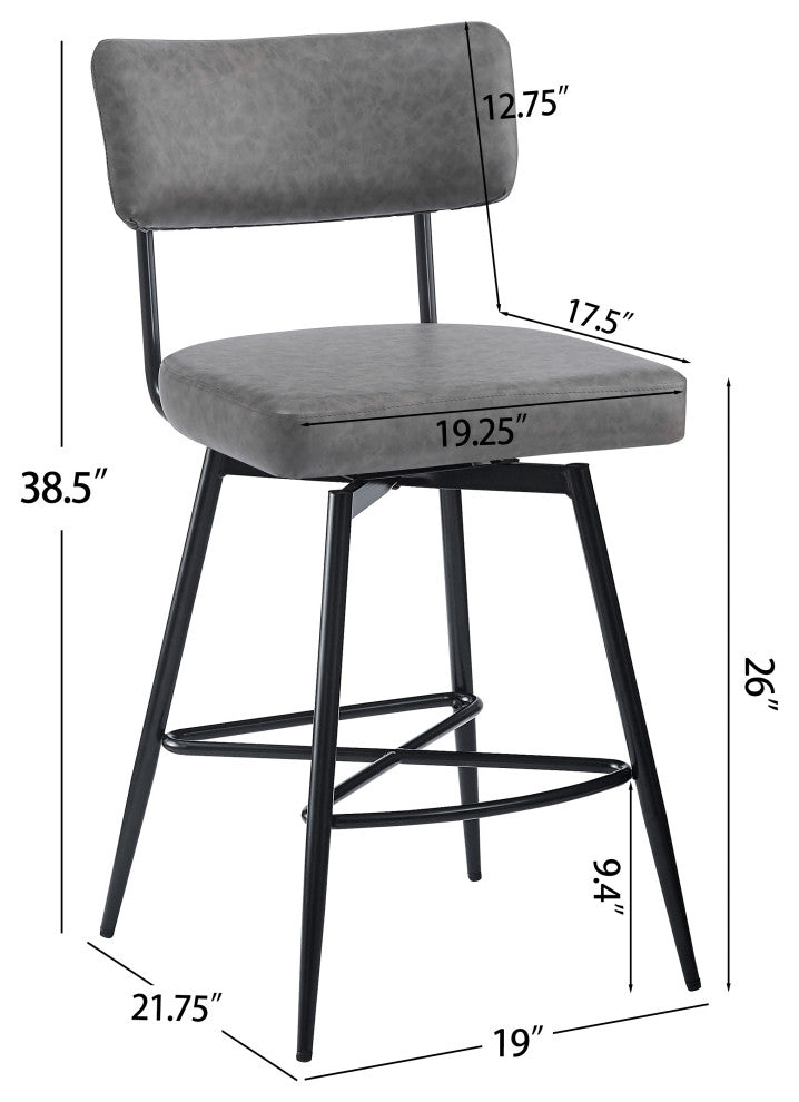 GDF Studio 26" Retro PU Leather Counter Stools, Metal Frame, Set of 2, Gray