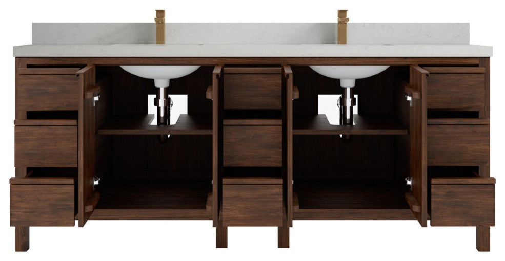 Elizabeth 84 Double Sink Bath Vanity in Dark Walnut Teak 2" Carrara Quartz