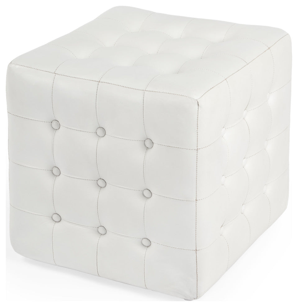 Leon White Leather Ottoman, 6165411