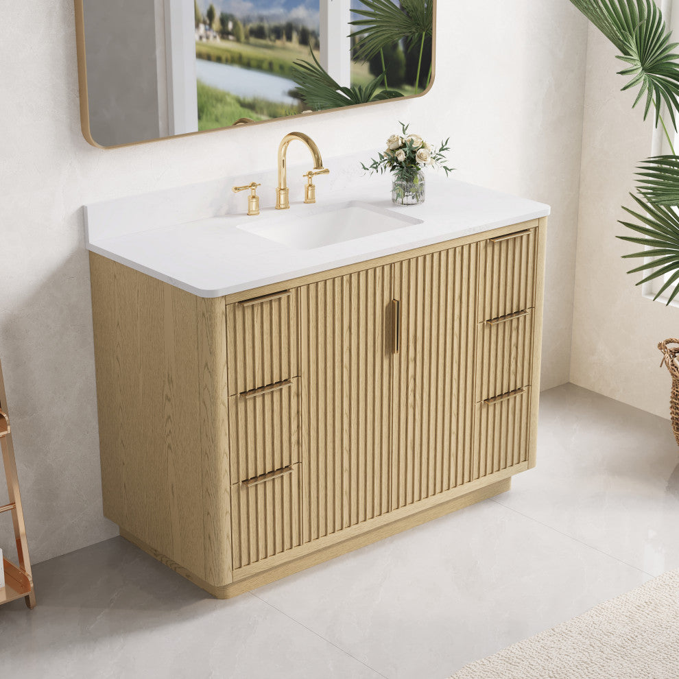 Solid Wood Freestanding Bathroom Vanity with White Quartz Top and Backsplash, 48"