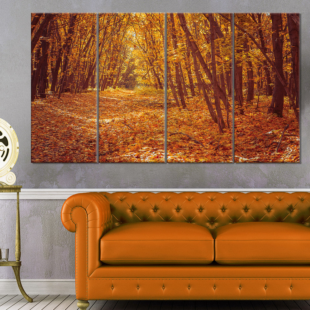 Yellow Forest and Fallen Leaves, Modern Forest Canvas Art, 48"x28", 4 Panels