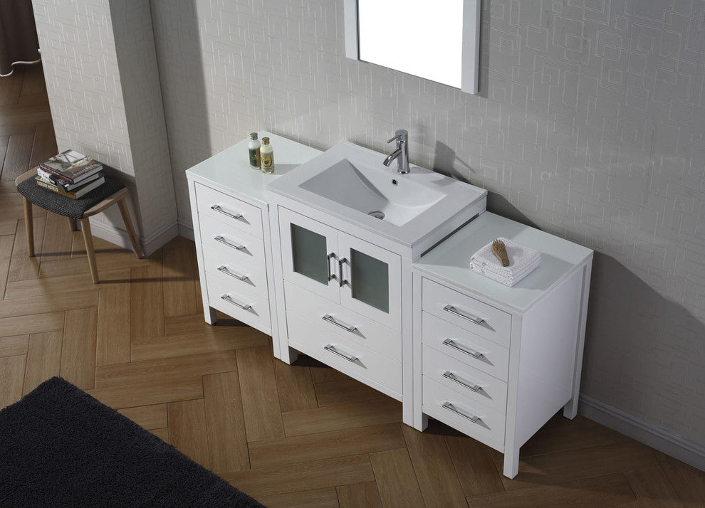 Virtu Dior 64" Single Bathroom Vanity, White, Brushed Nickel Faucet and Mirror