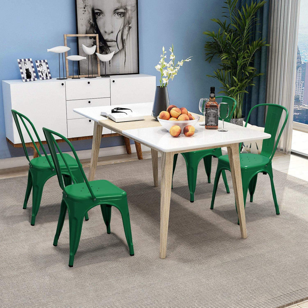 Metal Dining Chair Indoor-Outdoor Use Stackable, Set of 4, Green