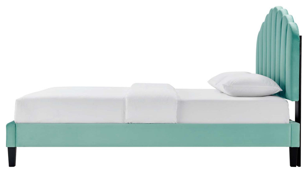 Platform Bed Frame, Queen Size, Blue, Velvet, Modern, Bedroom Guest Suite