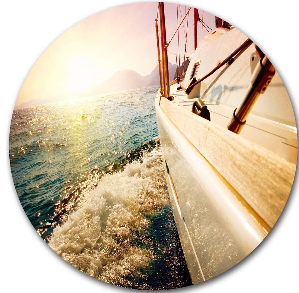 Huge Yacht Sailing Against Sunset, Sea Pier Disc Metal Wall Art, 11"