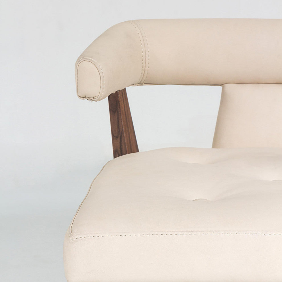 Luxe Sleek Contemporary Ivory Leather Bar Stool 32" Open T Back Walnut Wood