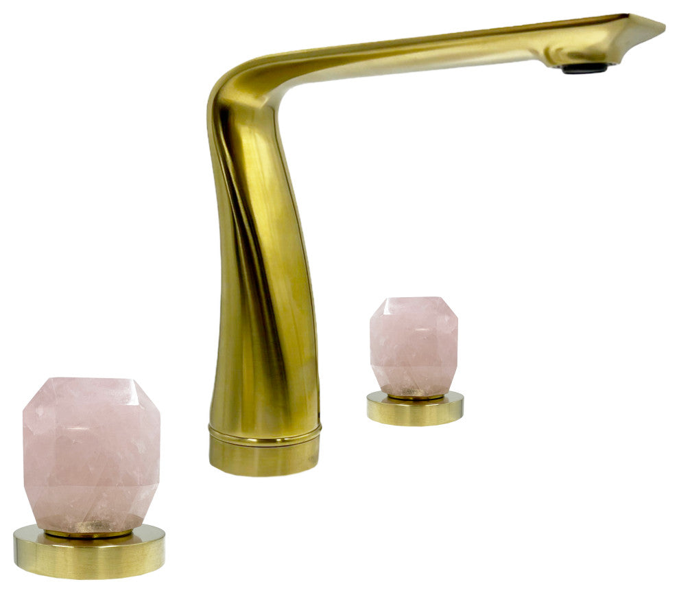 CastelloUSA Widespread 3 Hole Bath Faucet, Two Rose Quartz Handles, Brushed Gold