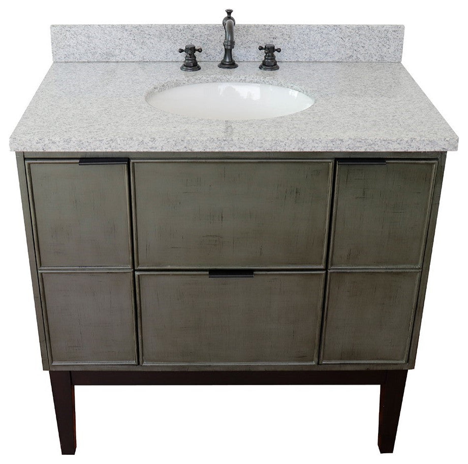 37" Single Vanity, Linen Gray Finish With Gray Granite Top And Oval Sink