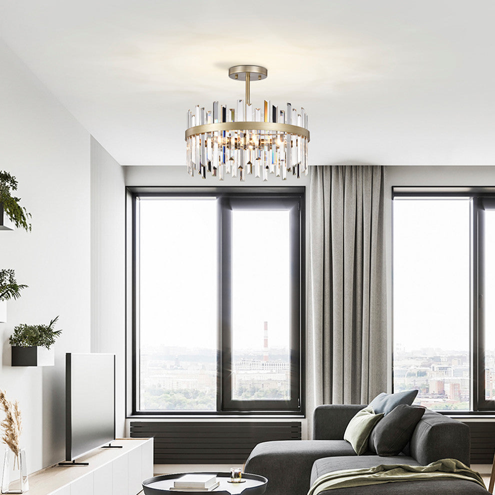 Eva Brushed Silver-ish Champagne Drum Crystal Prism Flush Mount