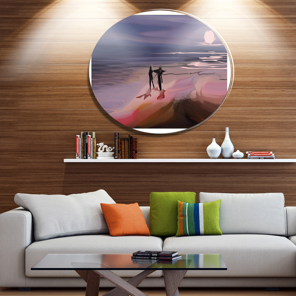 Couple Walking Near Ocean At Night, Seashore Disc Metal Artwork, 38"