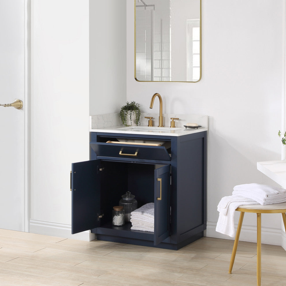 Gavino Vanity With Grain White Composite Stone Top, Royal Blue/Brushed Gold, 30", No Mirror