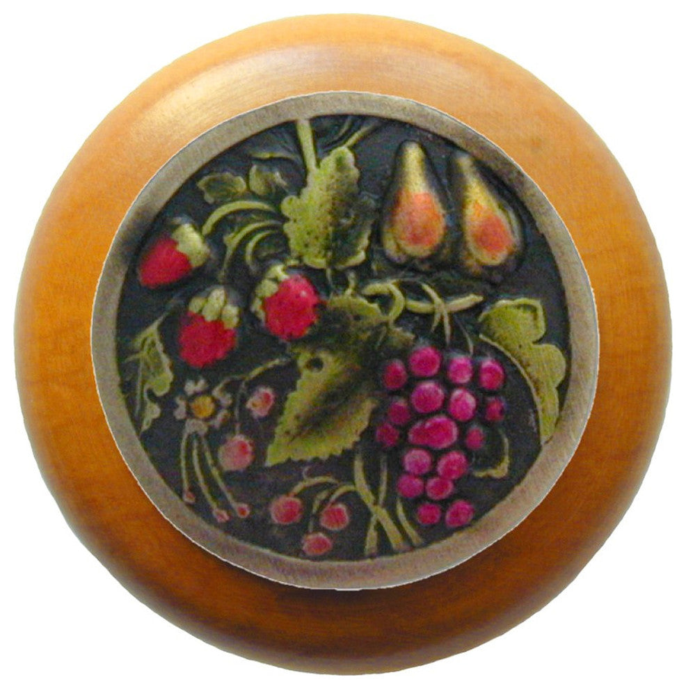 Tuscan Bounty Wood Knob, Hand-Tinted Antique Brass, Cherry Wood Finish, Brass Ha