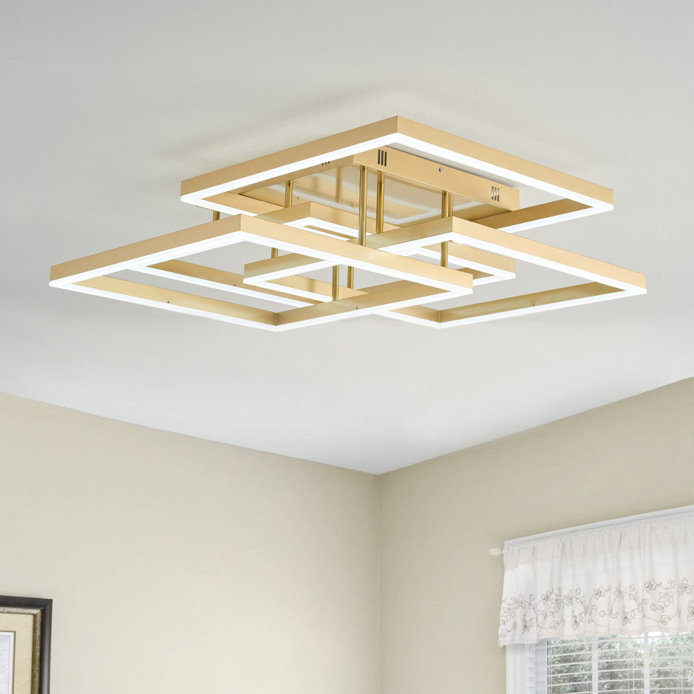 Modern Gold 4-Light Rectangular Dimmable LED Semi Flush Mount Ceiling Light