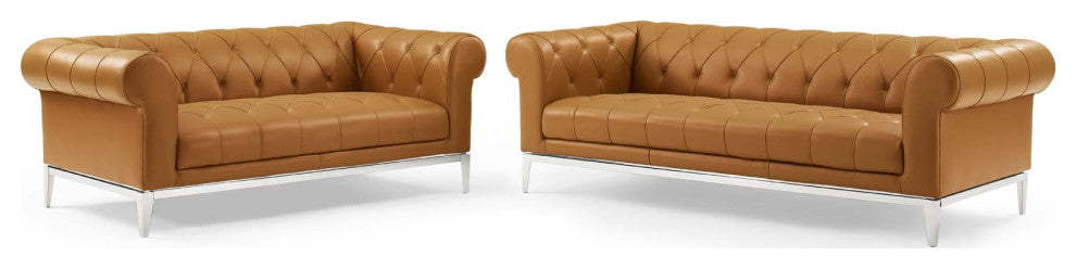 Tufted Loveseat and Sofa Set, Leather, Tan, Modern, Living Lounge Hospitality