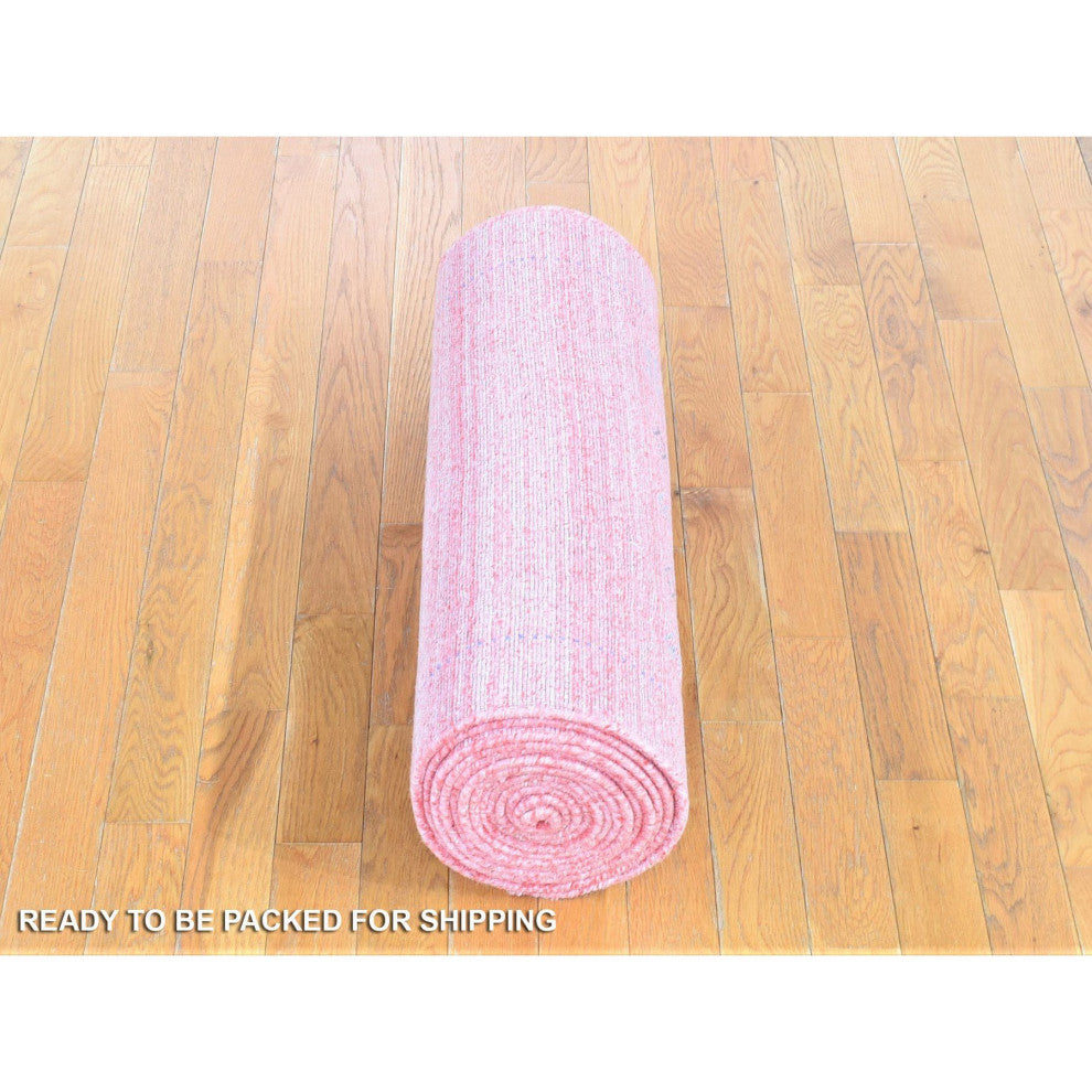 Pink, Modern Grass Design, Wool and Silk Hand Loomed XL Runner Rug, 2'6"x17'9"